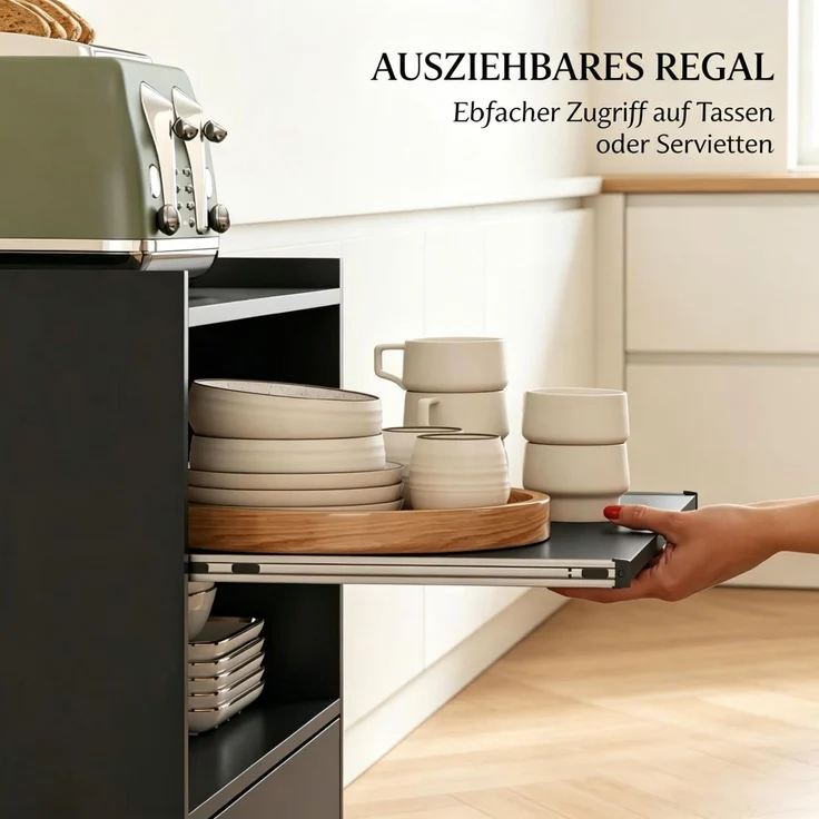 Mikrowellenwagen 59x40x92 cm auf Rollen mit Schublade und Schrank – MDF, Schwarz – Bild 5