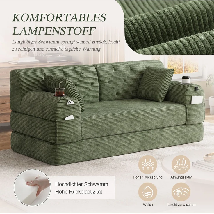 TavilaEcon 2-Sitzer Schlafsofa, komprimiertes Cord Sofa mit hoher Rückenlehne grün 81 × 80 × 168 cm (H × T × B) – Bild 6