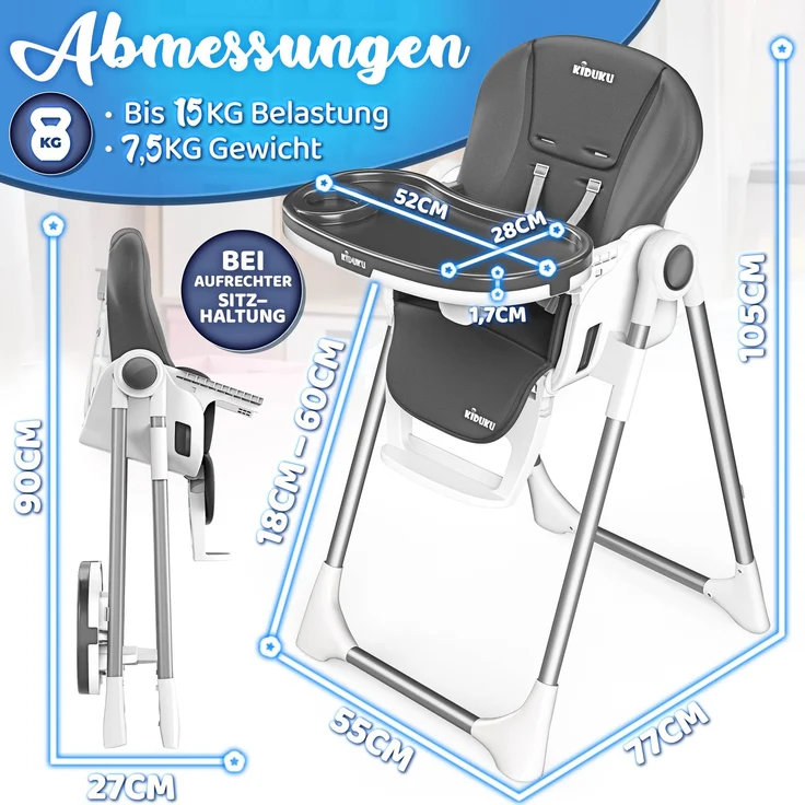 KIDUKU® Hochstuhl Baby 3in1 mit Neugeborenenaufsatz + Lätzchen, Spielbogen & Tisch | Kinderhochstuhl klappbar mit Liegefunktion | Kombihochstuhl höhenverstellbar | Babystuhl mitwachsend 0-36 Monate – Bild 3