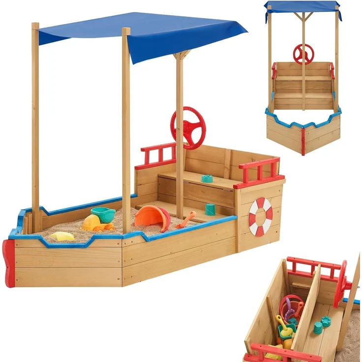 Juskys 'Käpt’n Pit Piratenschiff' Sandkasten mit Dach & Sitzbank, Holz natur, 70 x 160 x 120 cm – Bild 1