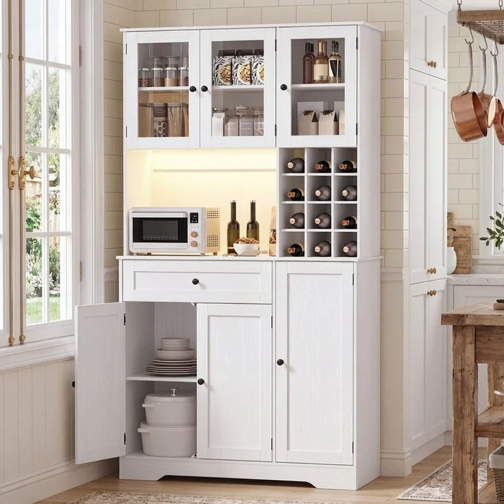 Blishom Küchenbuffet Küchenbuffet mit LED-Beleuchtung, Steckdosenfeld und Weinregal Verstellbare Einlegeböden, abnehmbares Weinregal und magnetische Türen – Bild 2