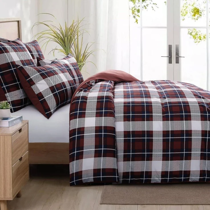 Bettwäsche Set 200x200 Rot Tartan Muster Mikrofaser Reißverschluss – Bild 3