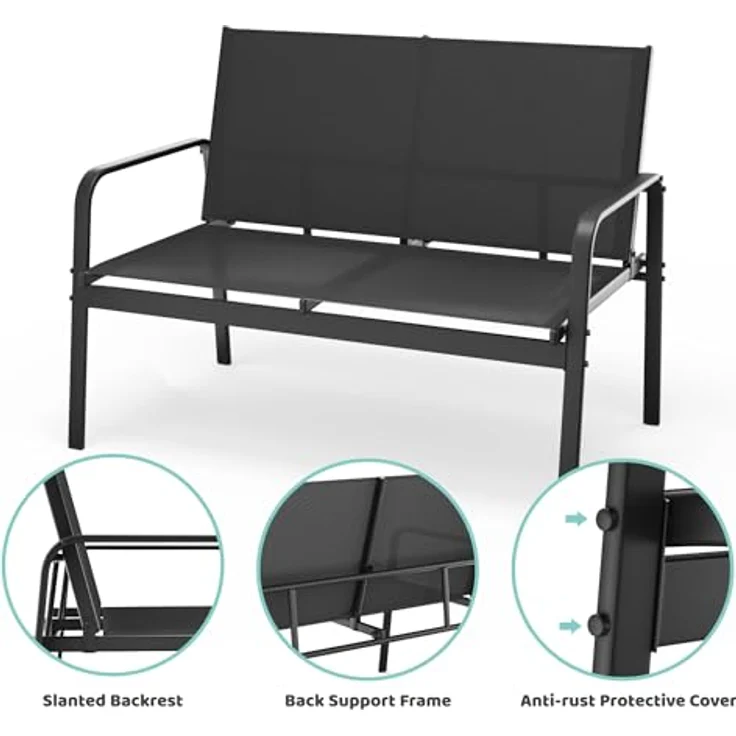 Mondeer Gartenmöbel Set, Balkon Möbel Set 4-TLG mit Armlehnen, Terrassenmöbel mit Tisch Sofa und 2 Stühlen, Textilene, für Garten Balkon Außen, Schwarz – Bild 5