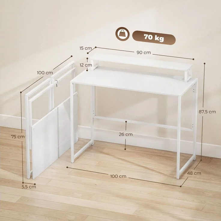 HOMCOM Schreibtisch mit abnehmbarem Ständer (Klapptisch, 1-St, Klappschreibtisch), Computertisch für Home Office, Weiß – Bild 2