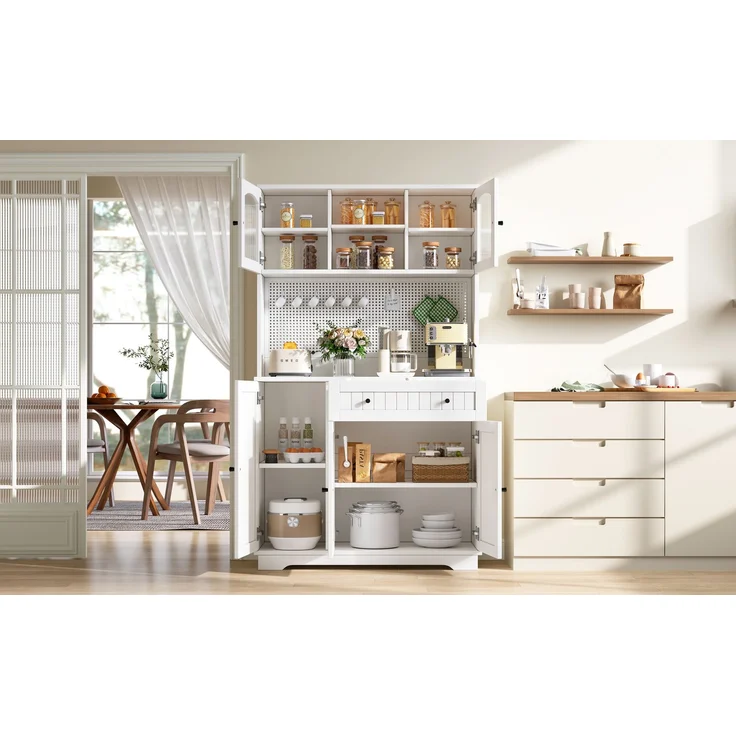 ZUBALIYA Vitrinenschrank mit Tür / Küchenschrank, mit verstellbaren Einlegeböden und lochblech, Weiß, 103.5 x 40 x 180 cm, fürs Kinderzimmer, mit Schubladen, mit Stauraum – Bild 23