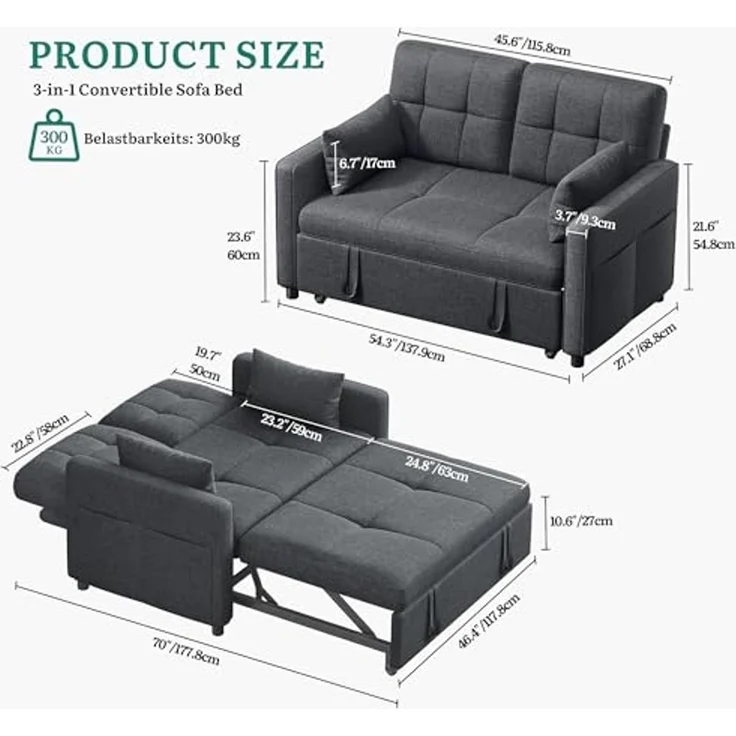 YITAHOME Schlafsofa mit Schlaffunktion, 182x136 cm Sofa, 5-stufig Verstellbarer Rückenlehne, 3-in-1 Schlafcouch mit 2 Kissen & Seitentasche, 2-Sitzer Sofa Bed für Gästezimmer, Grau – Bild 2