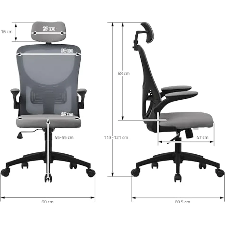 ML-DESIGN Ergonomischer Schreibtischstuhl, Grau, 1-Sitzer mit Netzrücken, 60.5x121x60 cm, ideal für Arbeitszimmer und Büros – Bild 2