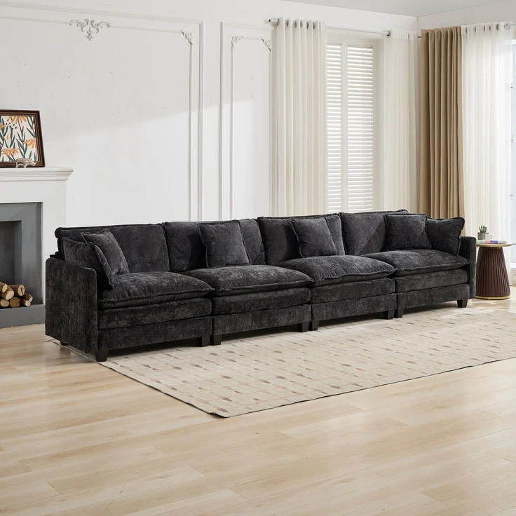 Cloud-Sofa 4 Sitzplätze (ohne Stuhlschläger),moderne Kombinationssofa für Wohnzimmer Schlafzimmer und Wohnung bequeme Doppel-Kissenkissen 80 % atmungsfreier Schneier Stoff,Schneier Stoff,schwarz, – Bild 1