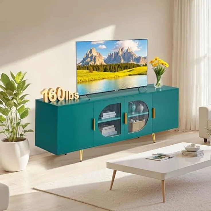 VEVOR TV-Ständer für Fernseher bis zu 75 Zoll, TV Tisch mit Glastüren, TV-Schrank mit goldenen Beinen & verstellbaren Regalen, Konsolentisch Fernsehschrank für Wohnzimmer Schlafzimmer, Grün – Bild 2