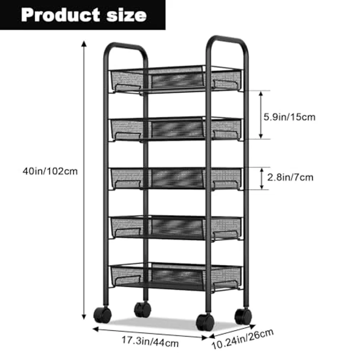 GarveeLife Rollwagen 5 Ebenen, Küchenwagen Schmal, Nischenregal auf Rollen für Kleine Räume, 44 x 26 x 102cm, Küche, Bad, Wohnzimmer, Arbeitszimmer, Schwarz – Bild 2