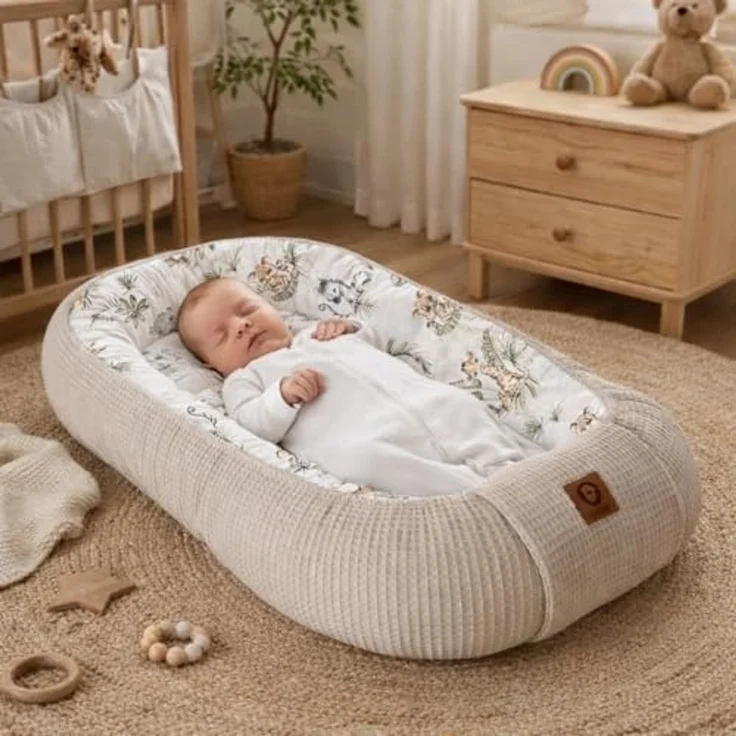 Babynest Nestchen Baby Set für Neugeborene – 5-teilig – Kuschelnest aus 100% Baumwolle & Waffelpique – Babykokon tragbar – für Babybett, Kinderbett & Kinderwagen – OEKO-TEX - Safari und Sand – Bild 2