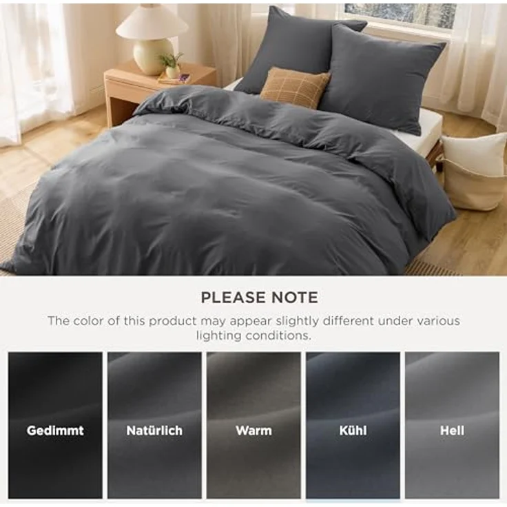 BEDSURE Bettwäsche 155x220 3teilig Anthrazit - Bettwäsche Grau 1 Bettbezug 155x220 cm + 2 Kissenbezüge 80X80 cm, ÖKO-TEX Bettwäsche-Sets Polyester Mikrofaser mit Reißverschluss – Bild 9