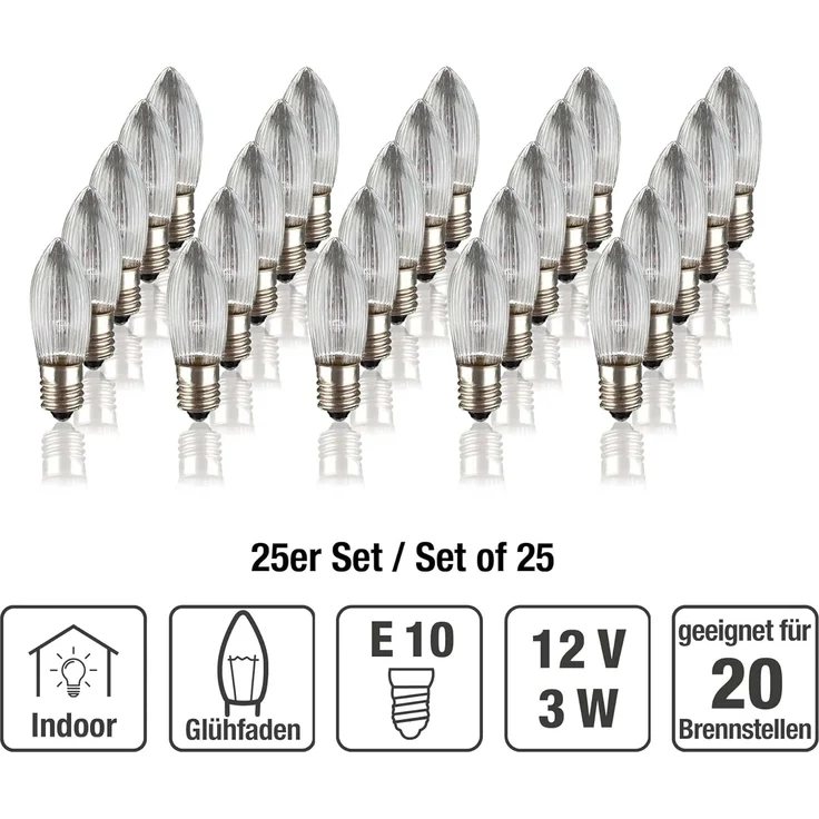 hellum Ersatz-Kerzen für Schwibbogen, 25 Stück 12V 3W Riffelkerze für Weihnachtsbaum Kerzen Lichterketten innen mit 20 Brennstellen, Birnen für Lichterbogen E10/ 12V/ 3W/ 22 Lumen 912111 – Bild 2