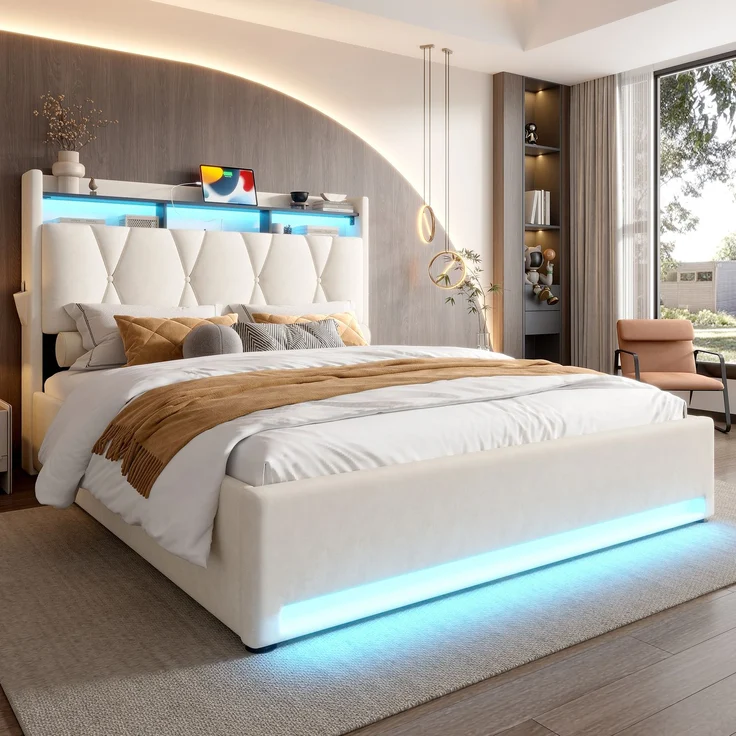 Polsterbett, Samt mit LED & Stauraum-Kopfteil, 140x200 cm, Beige, ohne Matratze – Bild 7