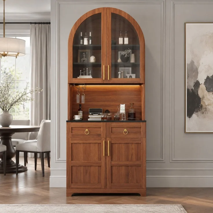 Sideboard 80 x 40 x 180 cm in Nussbaum mit Glasvitrine, Arbeitsfläche und LED-Beleuchtung – Bild 2