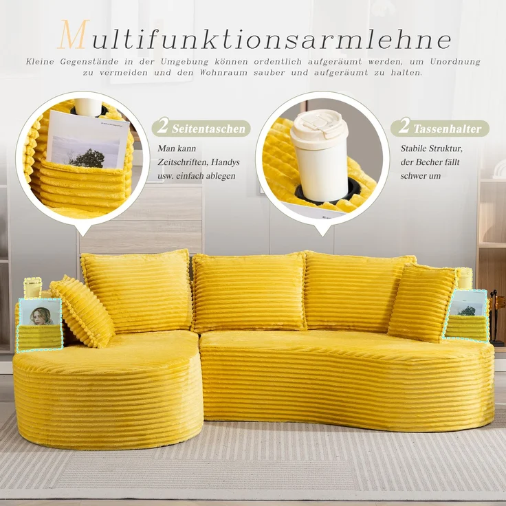 LVHOM Ecksofa L-Form, Cloud Sofa mit Tassenhalter und Seitentaschen, 3-Sitzer Sofa aus Cordstoff, kein Aufbau erforderlich, 250x152cm, Gelb – Bild 3