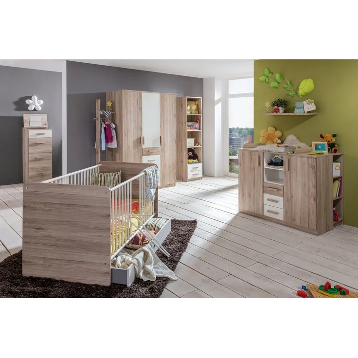 Wimex 'Cariba' 5-tlg. Babyzimmerset, Eiche/San Remo/Weiß, aus Bett 70x140 cm inkl. Umbauseiten und Bettschublade, Wickelkommode mit Unterstellregal, Kleiderschrank, Standregal und Wandregal – Bild 4