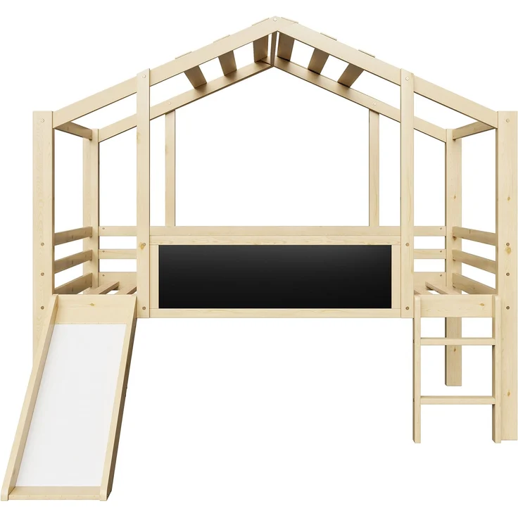 Kinder Hochbett Mit Rutsche Und Schiefertafel 90x200 Hausform Massivholz 120kg Tragfähig Sicherheitsgeländer Spielbett Mitwachsend – Bild 8