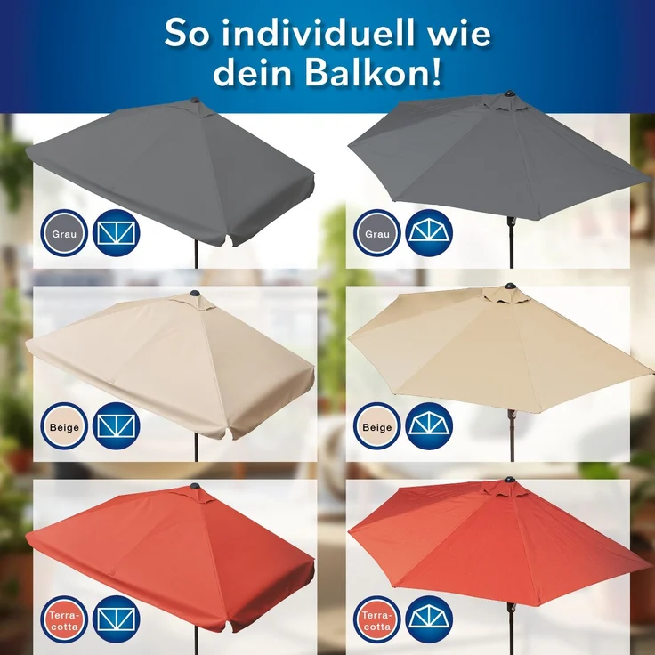 EASYmaxx Sonnenschirm halbrund 270x140 cm, passgenau platzieren, mit praktischer Handkurbel, UV-Schutz 40+ – Bild 8