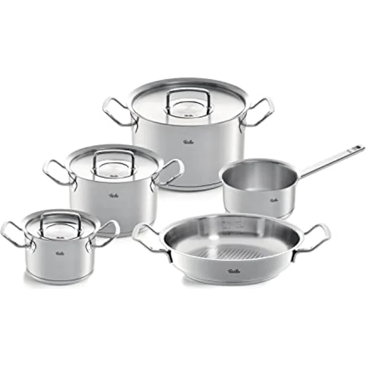 Fissler Original-Profi Collection / Edelstahl-Kochtopfset, 5-teilig, Topf mit Metall-Deckel (3 Kochtöpfe inkl. Deckel,1 Servierpfanne, 1 Stielkasserolle) - Induktion – Bild 1