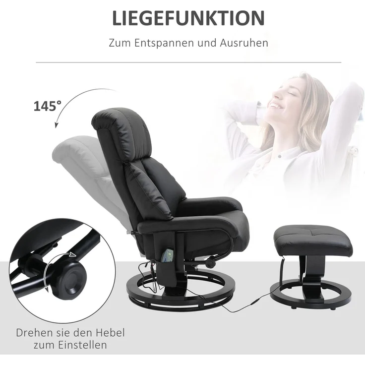 Massagesessel aus Kunstleder mit Fußhocker & Liegefunktion, 80x76x102 cm, Schwarz – Bild 5