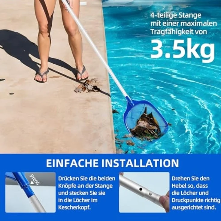 Jsdoin Pool Kescher, 161cm lang-Teichkescher mit Teleskopstange,14,5cm Tief Kescher Feinmaschig - Für Teich, Algen & Bestway Pool,Spa, Teiche, Whirlpools – Bild 5