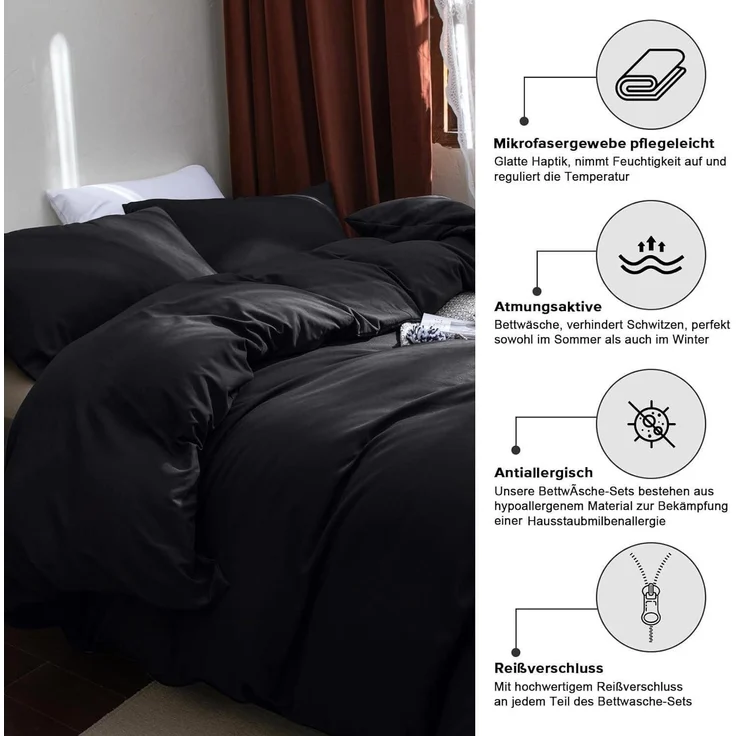 ohano Bettwäsche-Set 220x240 cm Schwarz 3-teilig Mikrofaser weich – Bild 4