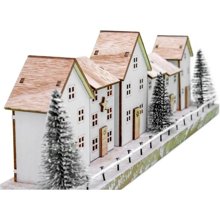 Spetebo Weihnachtsdorf LED aus Holz in weiß - 40x11 cm - Deko Winterlandschaft warm weiß, Batterie betrieben – Bild 3