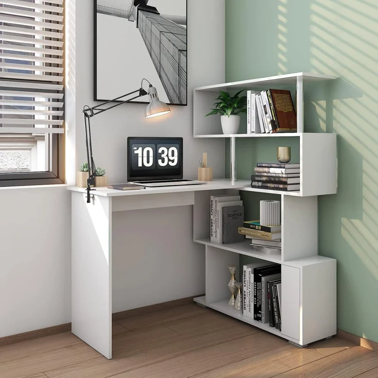 Computertisch Eckschreibtisch Lförmig 360Grad Bücherregal Weiß – Bild 4