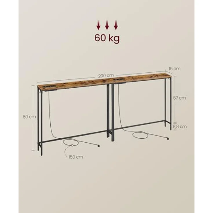 VASAGLE Konsolentisch,LNT079K02V1-2J | Flurtisch, Regal hinter Sofa, 200 x 15 x 80 cm, Vintagebraun, BARNET Kollektion – Bild 3