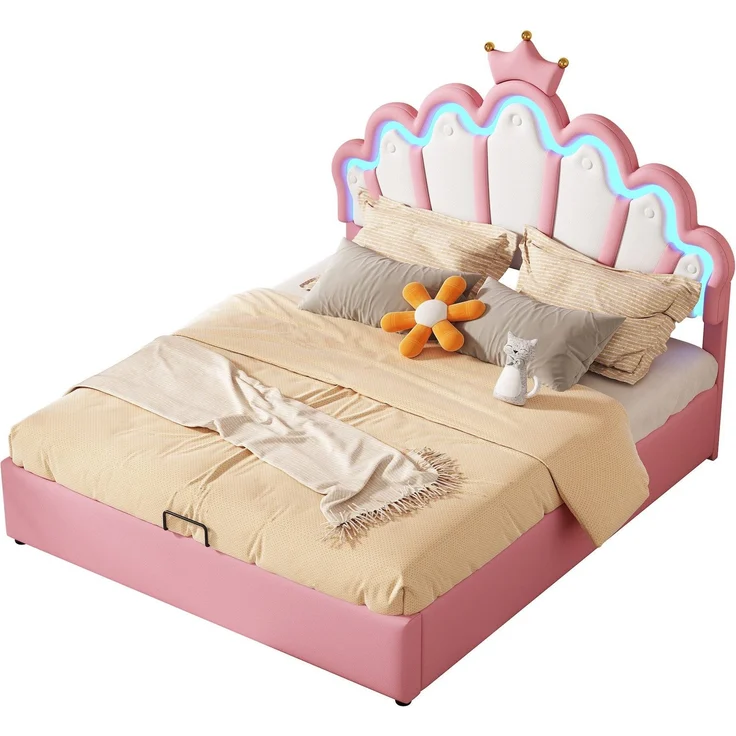 Prinzessinbett mit Lattenrost und LED-Beleuchtung, 140x200 cm, Mädchenbett, Polsterbett für Mädchen, Stauraumbet, Kunstleder – Bild 10