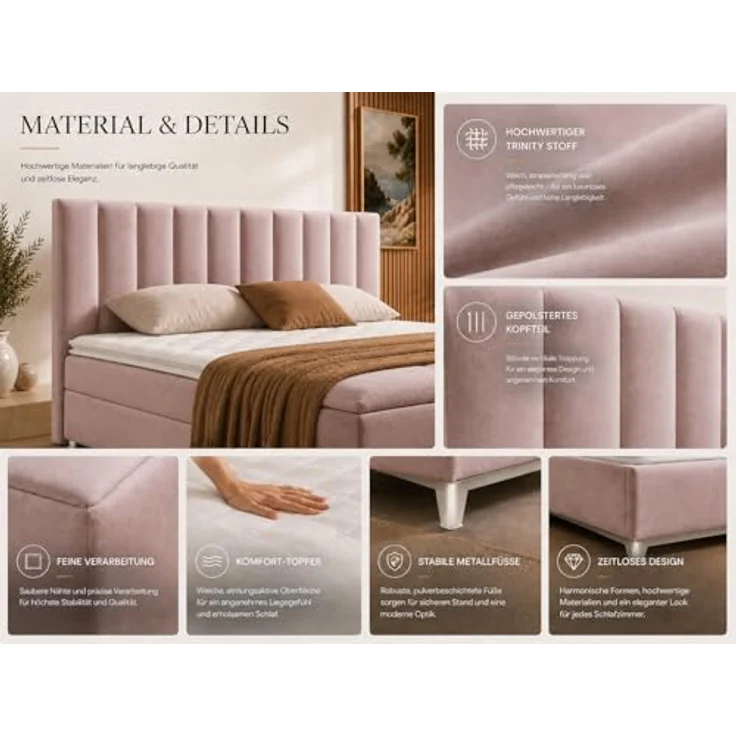 Best For Home Boxbett Trinity K-10, Rosa, Boxspringbett mit Bettkasten, 160x200 cm – Bild 5