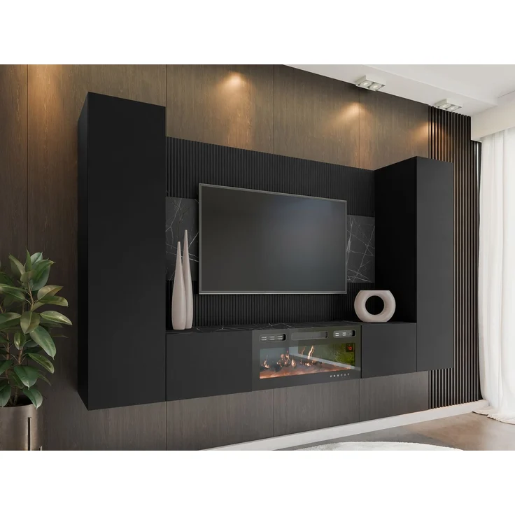 Wohnwand Deromi V mit Kamin (Farbe: Schwarz + Schwarz Marmor) – Bild 1
