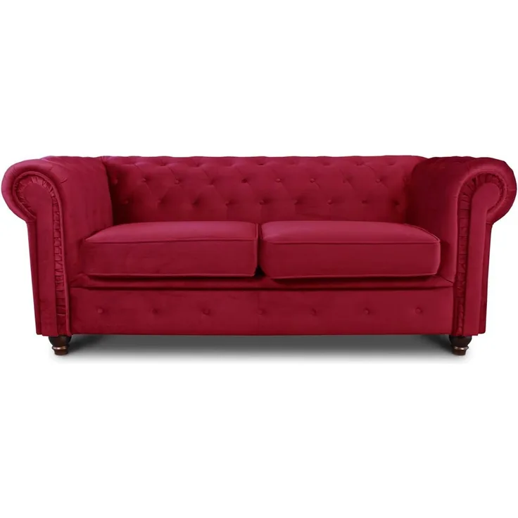 Sofa Chesterfield Asti 2-Sitzer, Couchgarnitur 2-er, Sofagarnitur, Couch mit Holzfüße, Polstersofa - Glamour Design, Velours (Rot (Velvet 59))