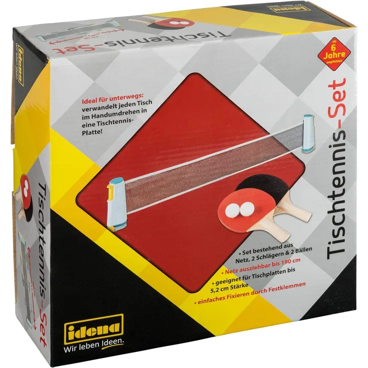 Idena 'Tischtennis-Set' mit Netz, zwei Kellen und zwei Bällen, zur einfachen Montage an Tischplatten, perfekt für Unterwegs, im Urlaub oder im Garten