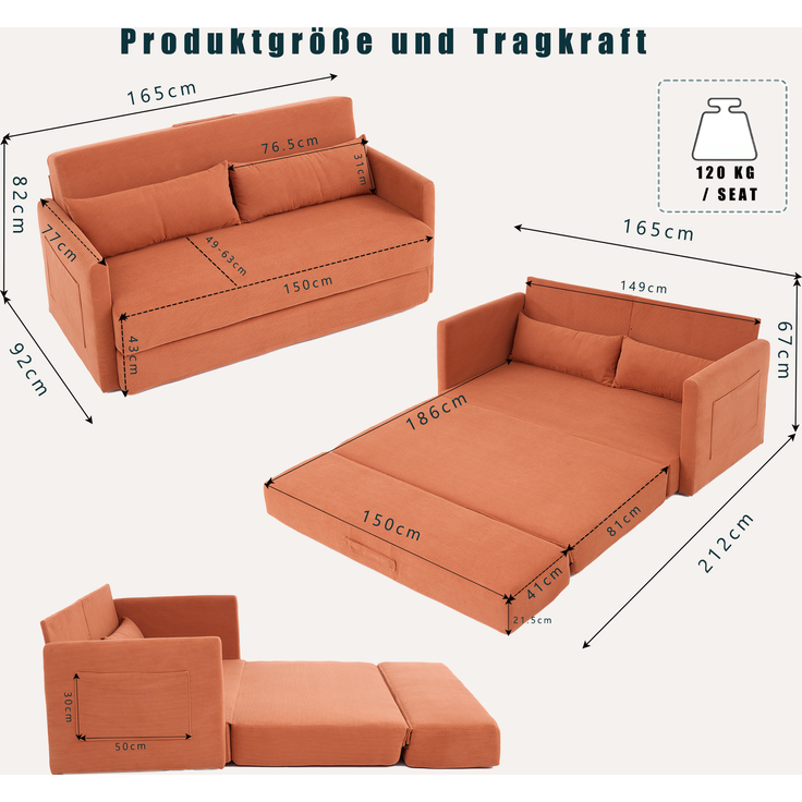 ZUBALIYA Schlafsofa 92x82 cm, mit Stauraum, mit Samtbezug, mit Cordbezug, mit breiten Armlehnen, mit Schaumstoffpolsterung – Bild 6