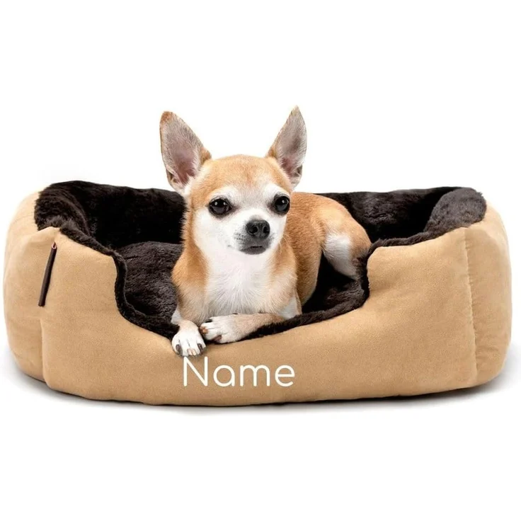lionto Hundebett mit Wendekissen und Rutschfester Unterseite, Heimtierkissen mit tiefem Einstieg für Hunde und Katzen jeden Alters, 50x37 cm, kuscheliges Hundekissen, beige/braun (Namensaufdruck)