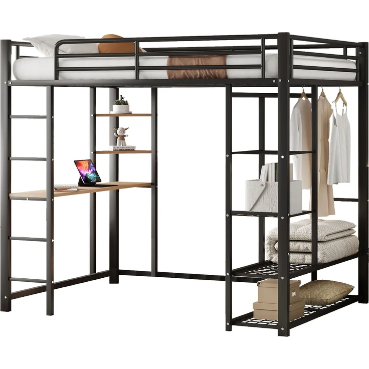 ZUBALIYA Metall-Hochbett mit Leiter 140x200 cm, Juniorbett Doppelbett mit Tisch mit einfachen Kleiderbügeln mit Ablagefächern, Schwarz – Bild 11