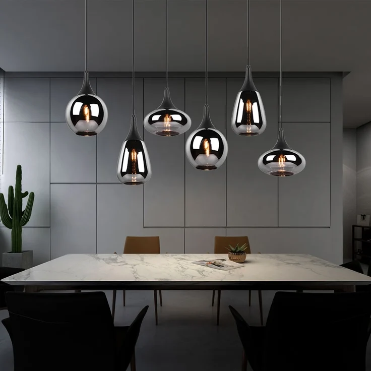 Hängeleuchte, Metall schwarz, Glas chrom, 6 Flammig, H 150cm – Bild 5