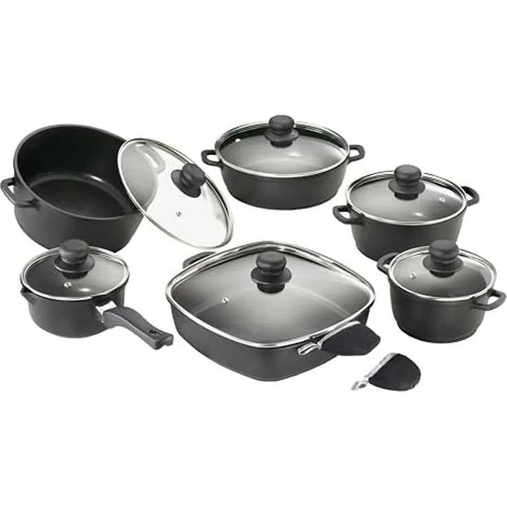 Karcher Topf-Set Aluguss, Aluminiumguss (12-tlg), Teflon-Classic-Antihaftbeschichtung, inkl. Glasdeckel & 2 Thermogrips