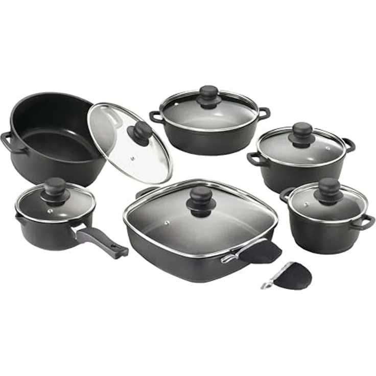 Karcher Topf-Set Aluguss, Aluminiumguss (12-tlg), Teflon-Classic-Antihaftbeschichtung, inkl. Glasdeckel & 2 Thermogrips – Bild 1