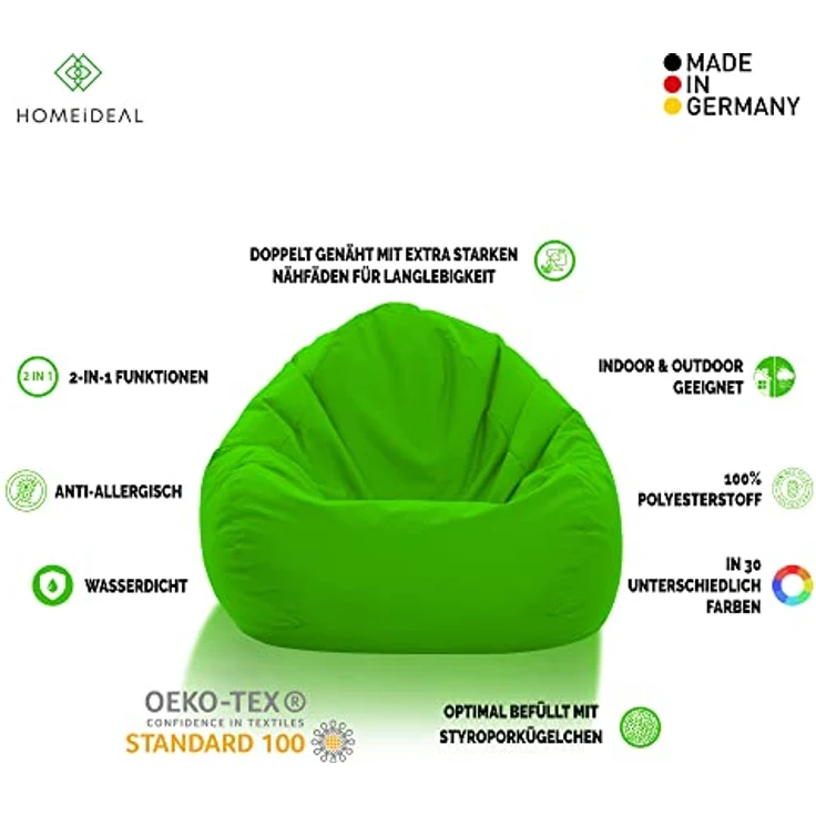 HomeIdeal - Sitzsack XXL Bodenkissen für Erwachsene & Kinder - Geeignet für Gaming oder Entspannen - Indoor wie Outdoor da er Wasserfest ist - mit EPS Perlen, Farbe:Neongrün, Größe:XXL – Bild 3