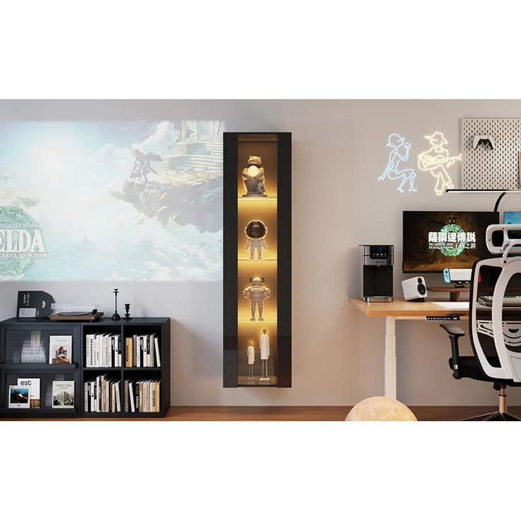 ZUBALIYA Vitrine, mit LED-Beleuchtung, mit App-Steuerung, mit Glasböden, wandmontierbar, H 170 × T 40 × B 29 cm, Schwarz, Spanplatte – Bild 21
