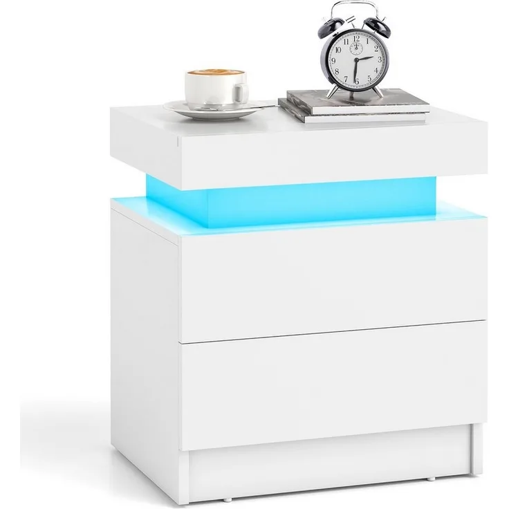 COSTWAY Nachttisch (1-St), LED, mit 2 Schubladen&Fernbedienung, weiß