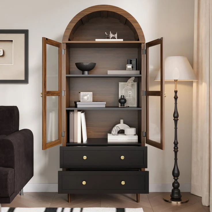 Kommode Aufbewahrungsschrank mit verstellbaren Einlegeböden,Moderner Retro-Aufbewahrungsschrank aus gewölbtem Glas,Verstellbare Regale,Luxuriöses Sideboard--Nussbaum--70x38x168cm--YOUDENOVA – Bild 8