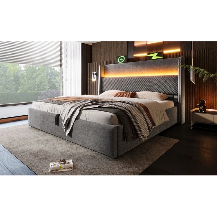 Hydraulisches Bett mit Smart-LED-System, Ladehub & höhenverstellbarem Kopfteil, 90x200 cm, Grau, ohne Matratze – Bild 6