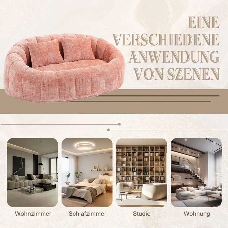LVHOM Sitzsack XXL, Bean Bag mit Sitzpuff, Bodensofa mit 2 Kissen, 2-Sitzer-Sofa aus Chenille, 145x95x63cm – Bild 8