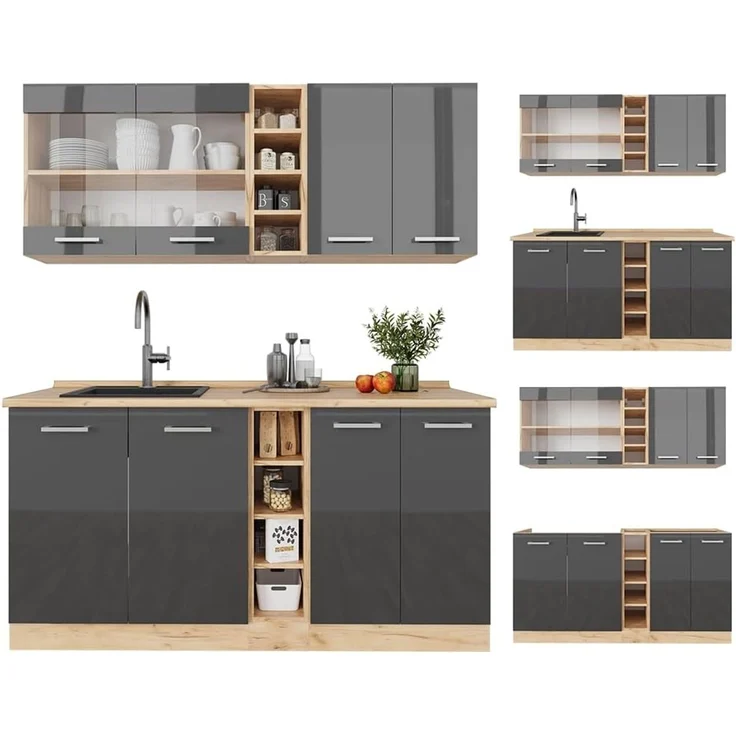 Singleküche R-Line Anthrazit Hochglanz/Goldkraft Eiche 160 cm ohne Arbeitsplatte Vicco – Bild 7