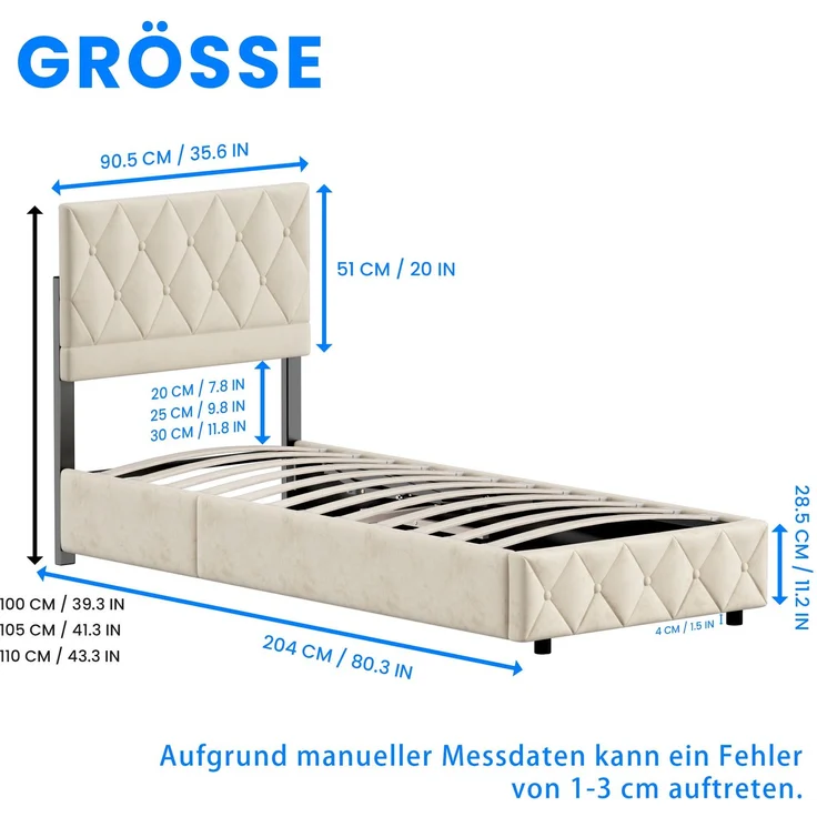 Polsterbett aus Kunstleder mit Aufbewahrungsbox & Lattenrost, ohne Matratze, 90x200 cm, Beige – Bild 6