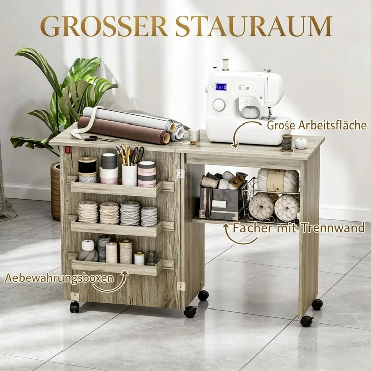 Klappbarer Nähschrank, Näh­tisch mit Klappplatte, Aufbewahrungsboxen, offenem Regal und Rollen--Herde--117x40x77.5cm--YOUDENOVA – Bild 8